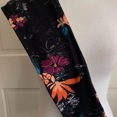 LuLaRoe Leggings OS Orange Gray Teal Purple Flowers On Black 2016 Floral