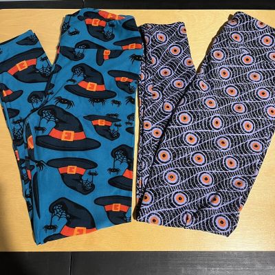 LULAROE One Size HALLOWEEN Green Leggings OS Witches Hats & Spiders / Eyes