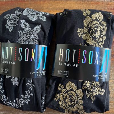New Hot Sox Tights Control Top Legwear Black Metallic Floral B/C  TWO Pairs WoW!