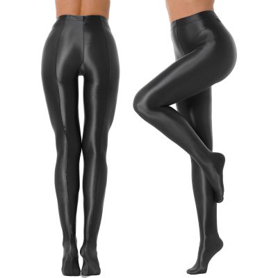 US Women Shiny Glossy Opaque High Waist Tights Stockings Training Yoga Pants #M