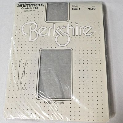 Berkshire Shimmers Panty Hose Control Top Silver Size 1 Sandalfoot Vintage 1985