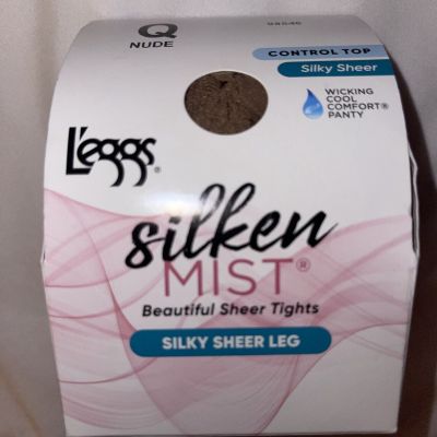 L'eggs Silken Mist Control Top Silky Sheer Pantyhose Size Q Nude, NIP