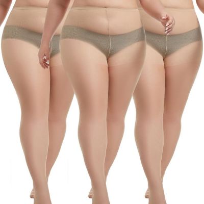 3 Pairs Plus Size Sheer Tights for Women, 20D Ultra Thin High Waist Control Top
