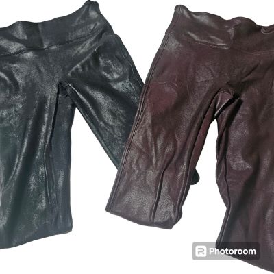 Spanx Faux Leather Lot Of 2 Black/Wine Shimmer Stretch Leggings Size XS Tall