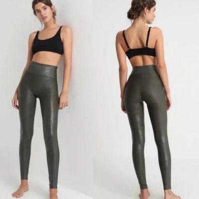 Spanx Large Olive Green High Waisted Sculpting Faux Leather Metallic Leggings