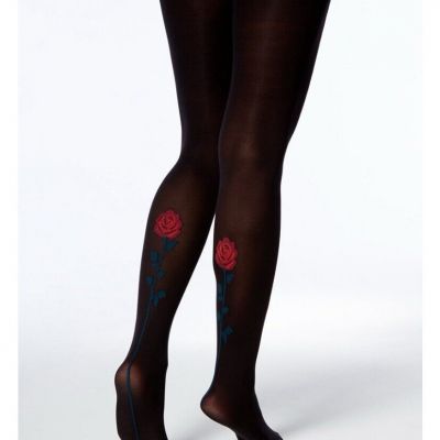 NWT HUE Women's Control Top Tights, Rose Tattoo Black Size S/M