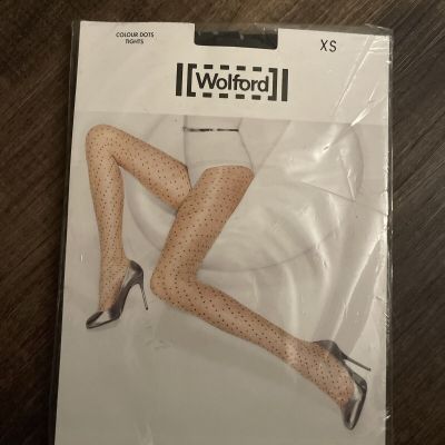 New Wolford Colored Dots Tights (Brand New) Xs Black With Blue Dot