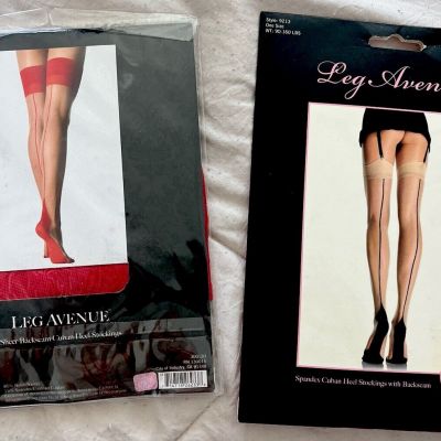 LOT OF 2 - CUBAN HEEL STOCKINGS  NEW FULL FASHION RED/BEIGE + BLACK/BEIGE OSFA