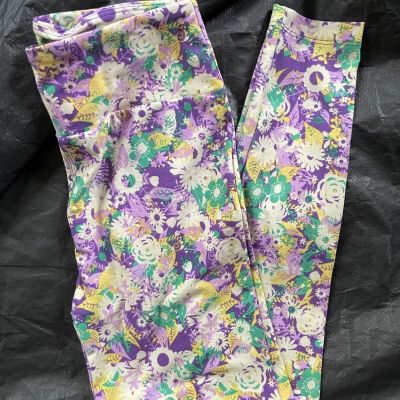 LuLaRoe Leggings OS Yellow Green Off-White Purple Flowers Floral  2016