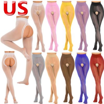 US Womens Glossy Open Crotch Pantyhose Smooth High Waist Tights Silk Stockings