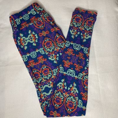 New Woman’s LuLaRoe Teal Blue Orange Purple Mint Floral Pattern Leggings OS