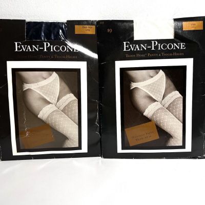 2 Evan-Picone NWT Black Onyx/White Teddy Hose Panty & Thigh Highs Stocking Hose