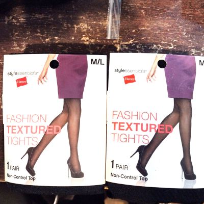 2x Hanes Stylessentials Non-Control Top Fashion Textured Tights Black Size M/L