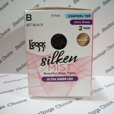 L'eggs Silken Mist Control Top Sheer Tights 2 Pair Size B Jet Black #97694