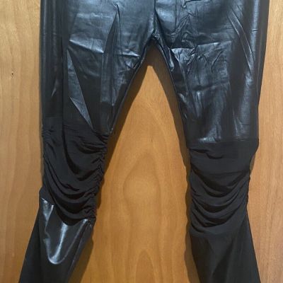 NEILIXIL lady leather type pants with transparency on both legs shiny black