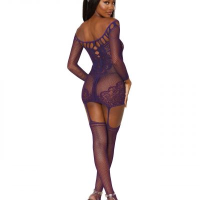 SCALLOPED LACE & FISHNET GARTER DRESS ATTACHED THIGH HIGHS STOCKINGS