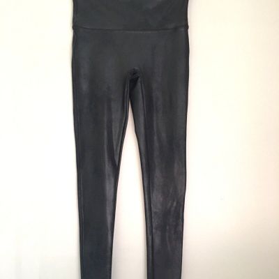 Spanx Faux Leather Leggings Women Medium Black Shiny Shapewear Sheen PU Coated