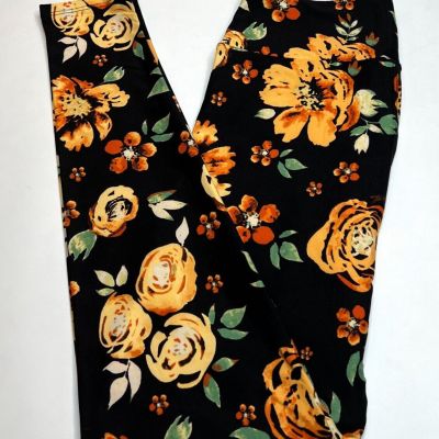 NEW LuLaRoe OS Leggings BLACK FLOWER Antique Yellow Rust Orange Green Botanical