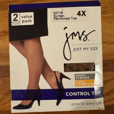 JMS - Just My Size Control Top Pantyhose SUNTAN 4X - 2 Pair 92716 Reinforced Toe