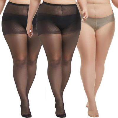 3 Pairs Plus Size Sheer Tights for Women, 20D Ultra Thin High Waist Control Top