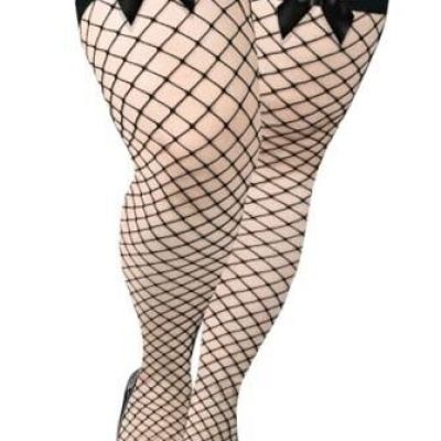 Plus Size Fishnet Stockings with Bows Stay up One Size Plus Black/Black Bow