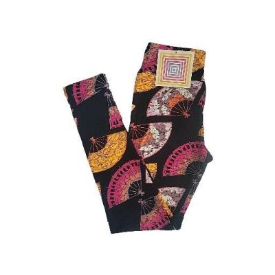 LuLaRoe Girls Tween Leggings Black With Pretty Pink and Yellow Fan Pattern