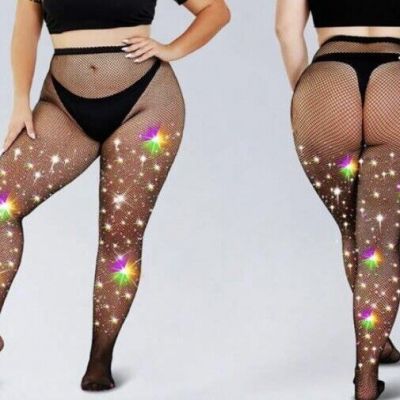 Sparkly Rhinestone Fishnet Pantyhose Tights Black Queen Plus Sz L To 1X