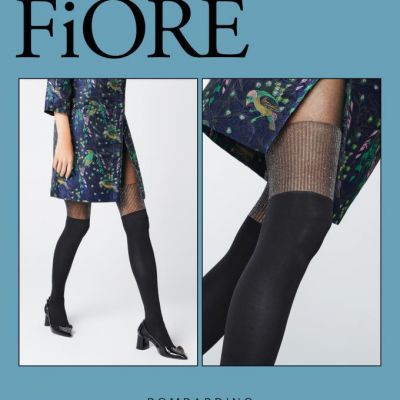 FIORE BOMBARDINO BLACK METALLIC PANTYHOSE TIGHTS MOCK STOCKING TOPS  3 SIZES