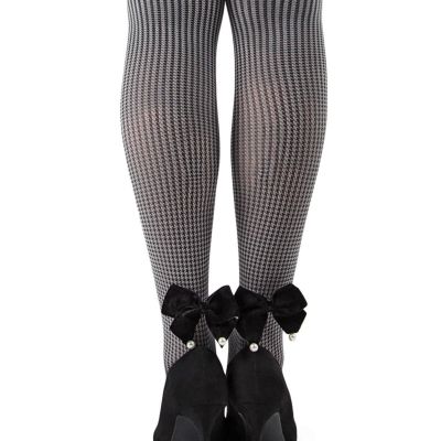 Houndstooth Pearl Bow Opaque Tights