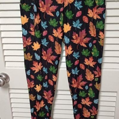 Womens Wide band Colorful Leaf leggings with side pockets Plus Size fits 14-22