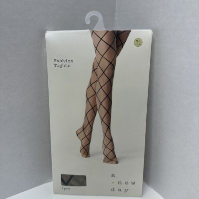 A New Day Women's Sheer Nude Nylon w/ Black Diamond Lattice Tights Hose Sz M/L