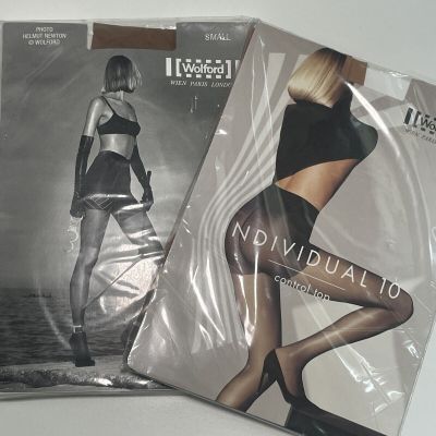 Two Wolford Individual 10 & Body Culture Tights NEW Gobi Caramel White Size S