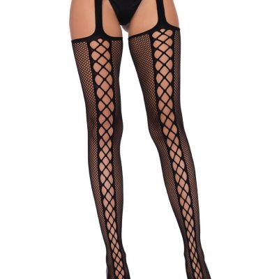 Leg Avenue Faux Lace Up Dual Net Backseam Stockings Garterbelt Set Black