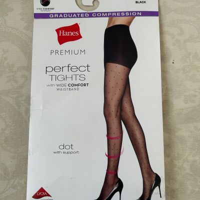 Hanes Premium Perfect Tights Dot with Support Medium Black New