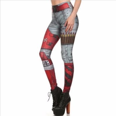 NEW Graphic Comic Pencil Leggings Gray Red Medium