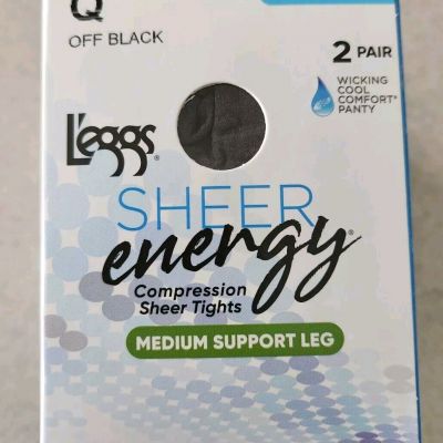 Leggs Sheer Energy Q OFF BLACK Medium Support 2 PAIR Compression Tights #10724