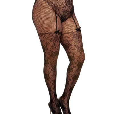 Dreamgirl Queen Lace Fishnet Pantyhose High-Waisted Lace Panty Design Black