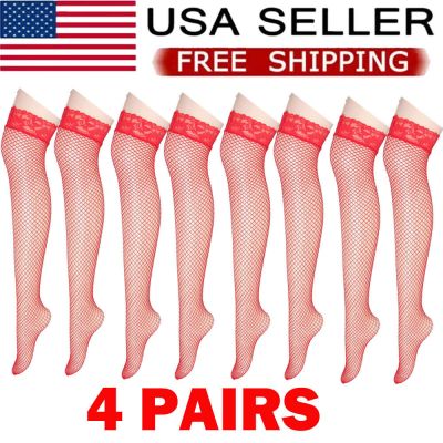 4Pair Red Women Stockings Lace Mesh High Thigh Fishnet Sexy Long Pantyhose NEW