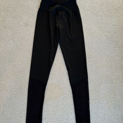 Shein womens black leggings small size 4 with crossed waistband & sheer mesh