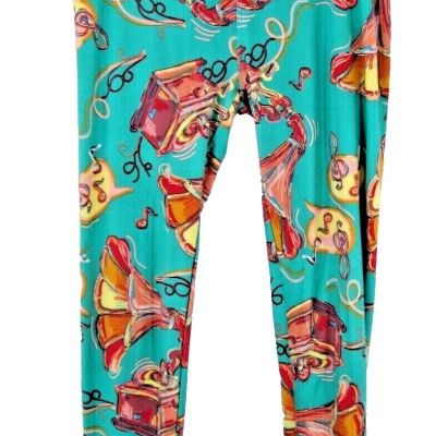 LuLaRoe Leggings Teal Green Victrola Record Player Musical Notes Music One Size