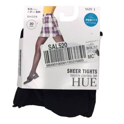 HUE Sheer Tights Smooth Control Top Pantyhose Sz-1 Wider Band 30DEN Black U11231