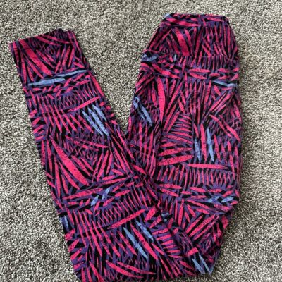 LuLaRoe OS Leggings - Purple w/ Pink Black and Light Blue Tropical Leaf Pattern