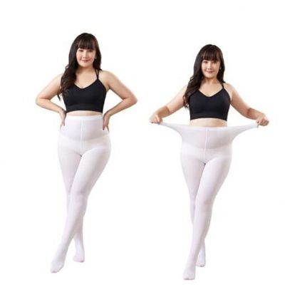 2 Pairs Women's Plus Size Opaque Tights Control Top High Waist 3X-4X White