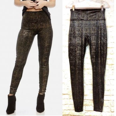 SPANX Leggings Womens M Black Gold Velvet Shine Shimmer High Rise 20188R Glam