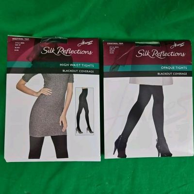 2 Pr. Hanes Silk Reflections Control Top Blackout Tights Size EF Style OB650&318