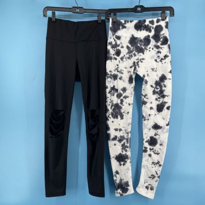 2-Mono B Leggings Womens Small Ribbed Highwaist White Splatter and Black Ripped