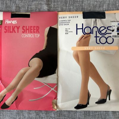 2 Pair - Hanes Too Silky Sheer Control Top Sandalfoot Jet Black Pantyhose CD New