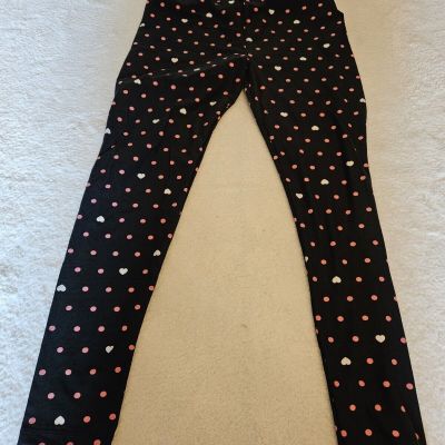 LulaRoe Valentine Black With Pink Polka Dots And White Hearts Leggings  TC