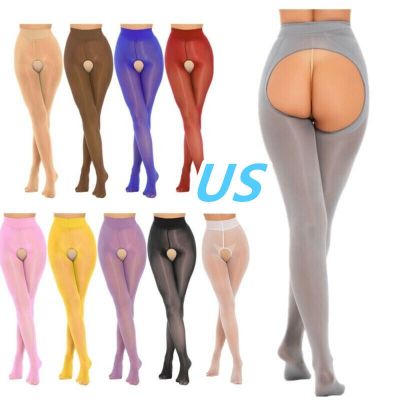 US Womens See Through Open Crotch Tights Pantyhose Stretchy Thigh High Stockings