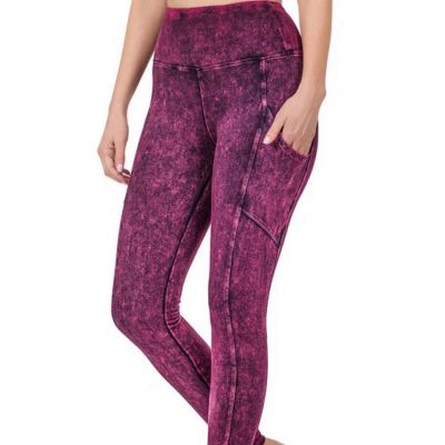 ZENANA Mineral Wash Wide Waistband Full-Length LeggingsSz Medium